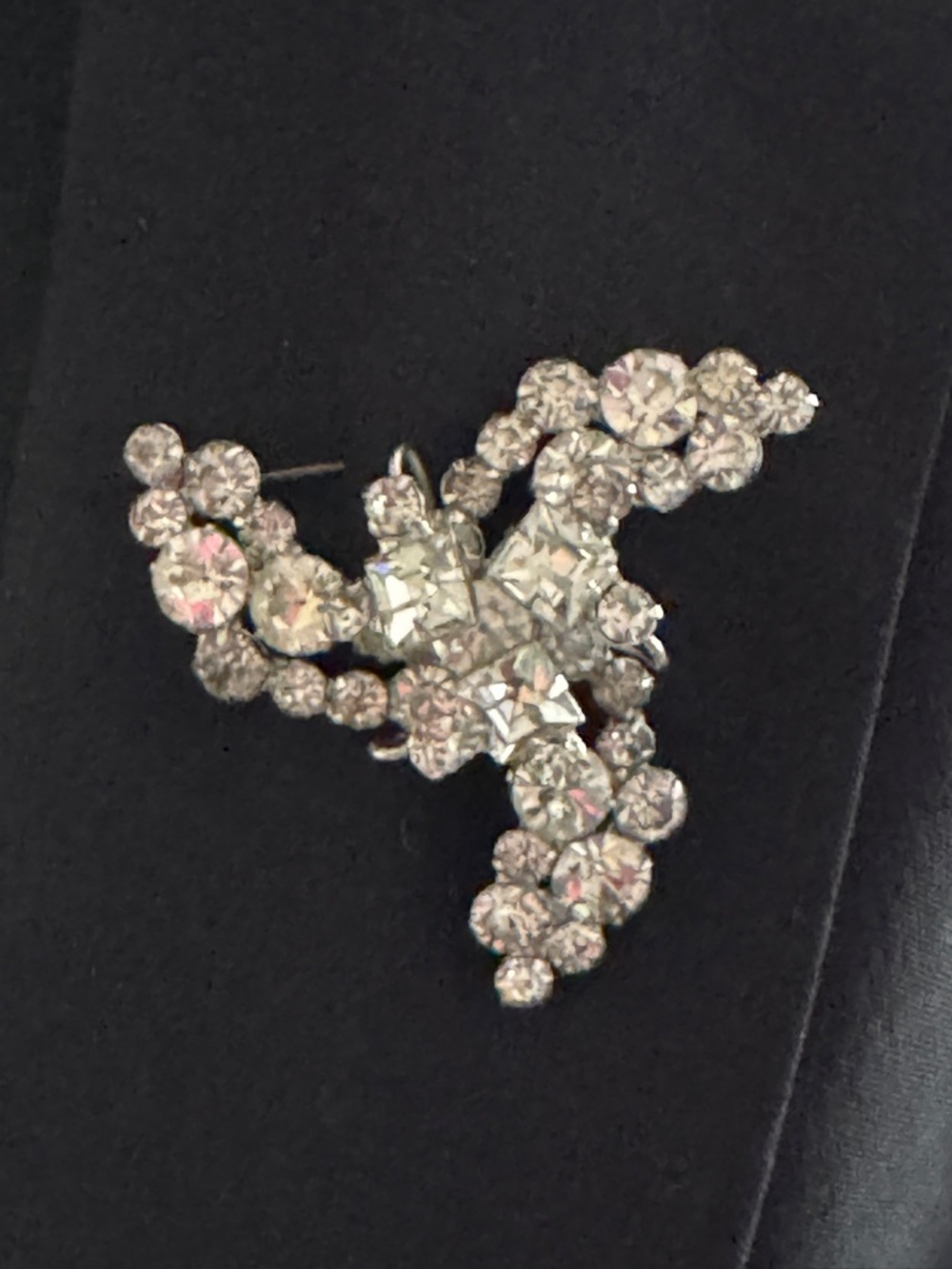 Vintage MCM Crystal Floral Pinwheel Brooch - Silver Metal and Rhinestones.
